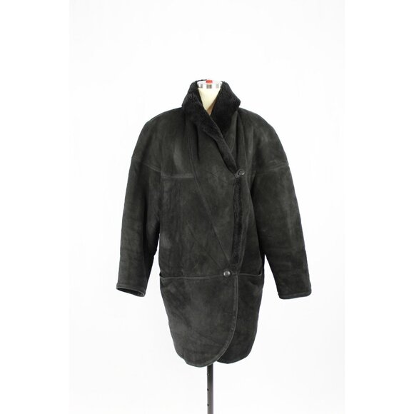 Vintage 80's WOLFF Black Genuine Sheepskin Suede Leather Shearling Coat, Size XL - Picture 2 of 16